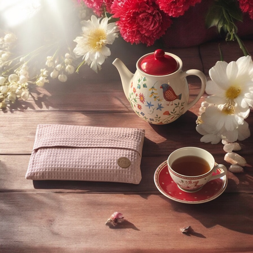 a teapot and a cup on a table with flowers