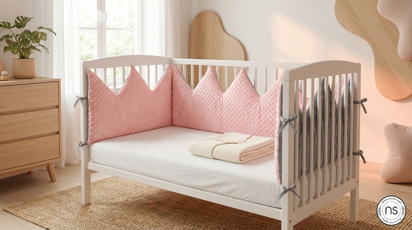 Eko wyprawka dla noworodka: Co powinna zawierać lista niezbędnych produktów? 1 Ochraniacz do łóżeczka – Małe Królestwo – Różowe in use