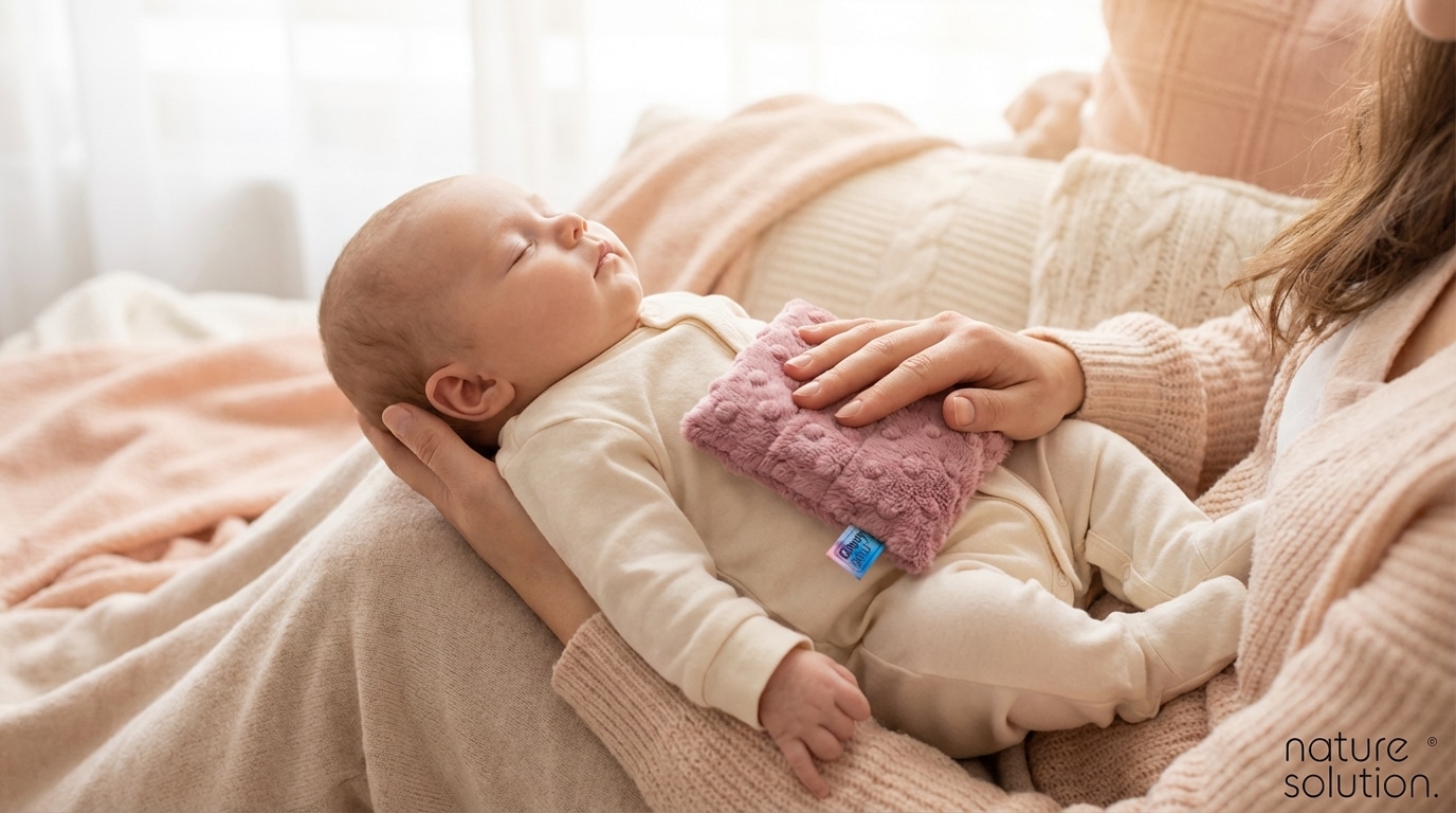 Kolki u niemowląt: Przyczyny, objawy i naturalne metody łagodzenia bólu 2 Termofor Termofor z Pestek Wiśni Cherrypad® – Minky Rosas in use