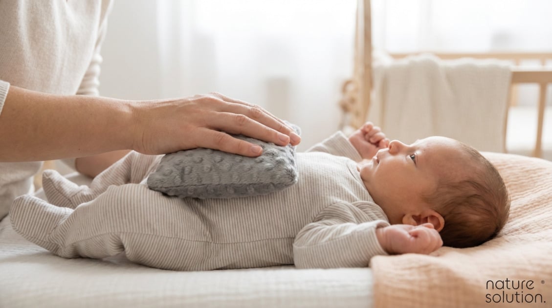 Kompleksowa pielęgnacja noworodka: Naturalne porady 2026 1 Termofor z Pestek Wiśni Cherrypad® – Minky szary in use