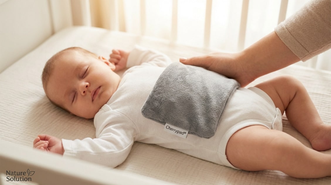 Cherrypad®: Najlepszy termofor z pestek wiśni dla niemowlaka na kolki 1 Termofor z Pestek Wiśni Cherrypad® – Minky szary in use
