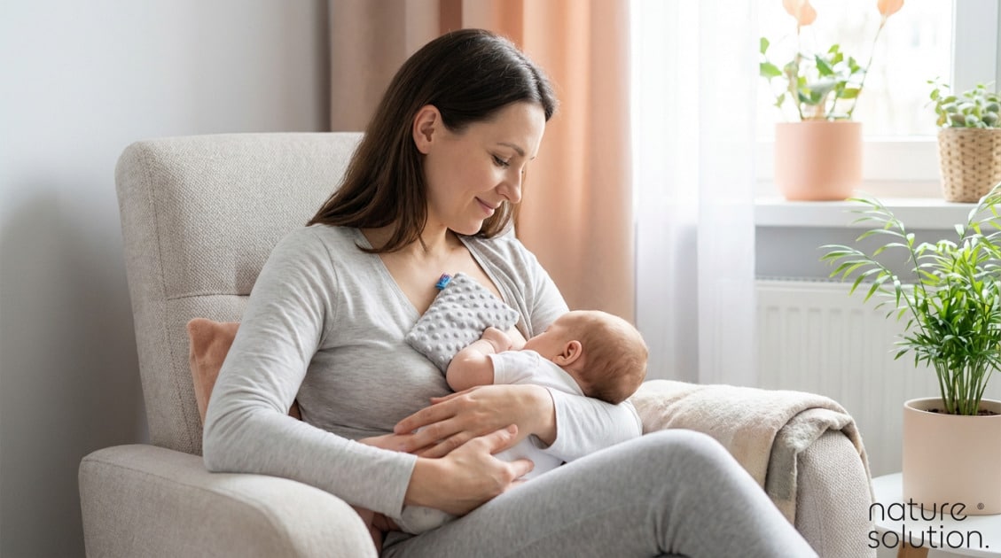 Karmienie piersią na siedząco: 7 kluczowych zasad dla mamy i dziecka 1 Termofor z Pestek Wiśni Cherrypad® – Minky szary in use