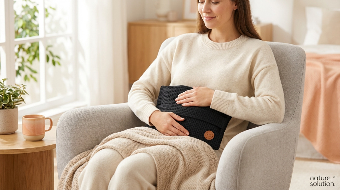 Termofor z pestek wiśni na bóle menstruacyjne – naturalna ulga 2 Duży termofor z pestek wiśni – Bawełna Czarny in use