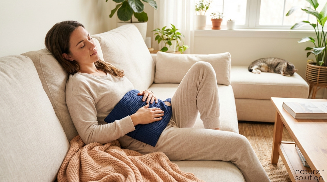 Duży termofor z pestek wiśni – Wafel granatowy in use