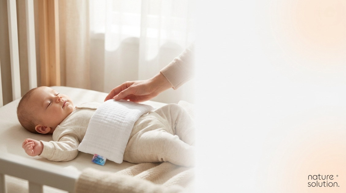 Kompres z pestek wiśni dla noworodka: Naturalny sposób na kolki 1 Termofor z Pestek Wiśni Cherrypad® – muślin Biały in use