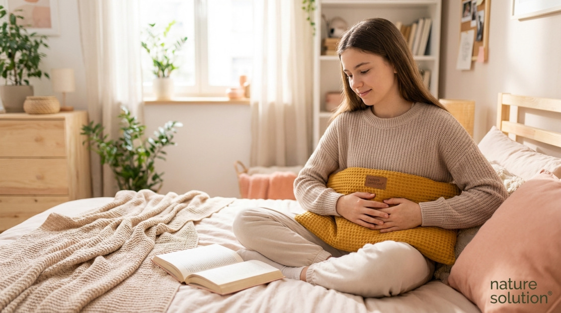 Duży termofor z pestek wiśni – Wafel musztardowy in use