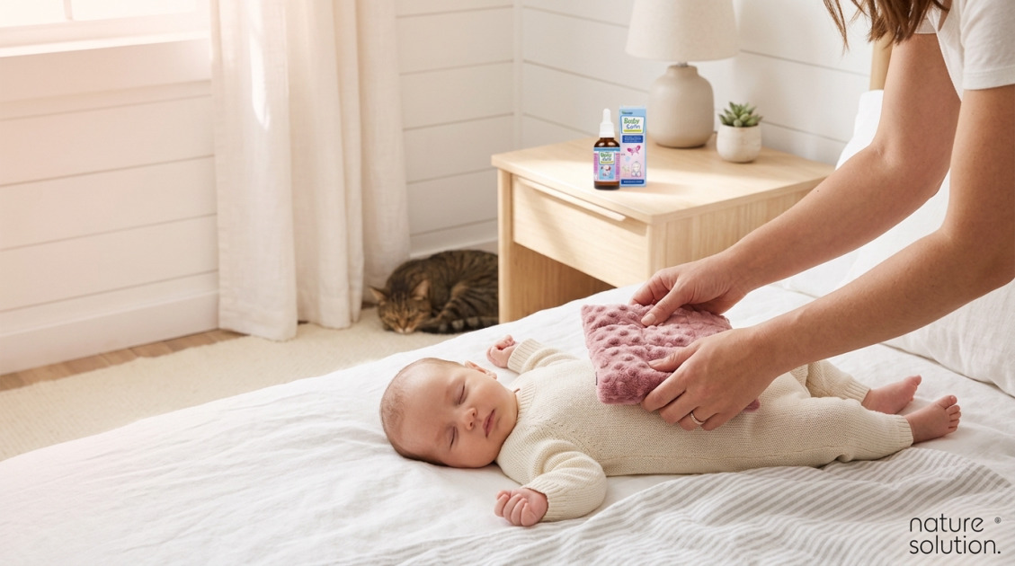 Zestaw Antykolkowy Termofor z Pestek Wiśni Cherrypad® + Krople BabyCalm in use