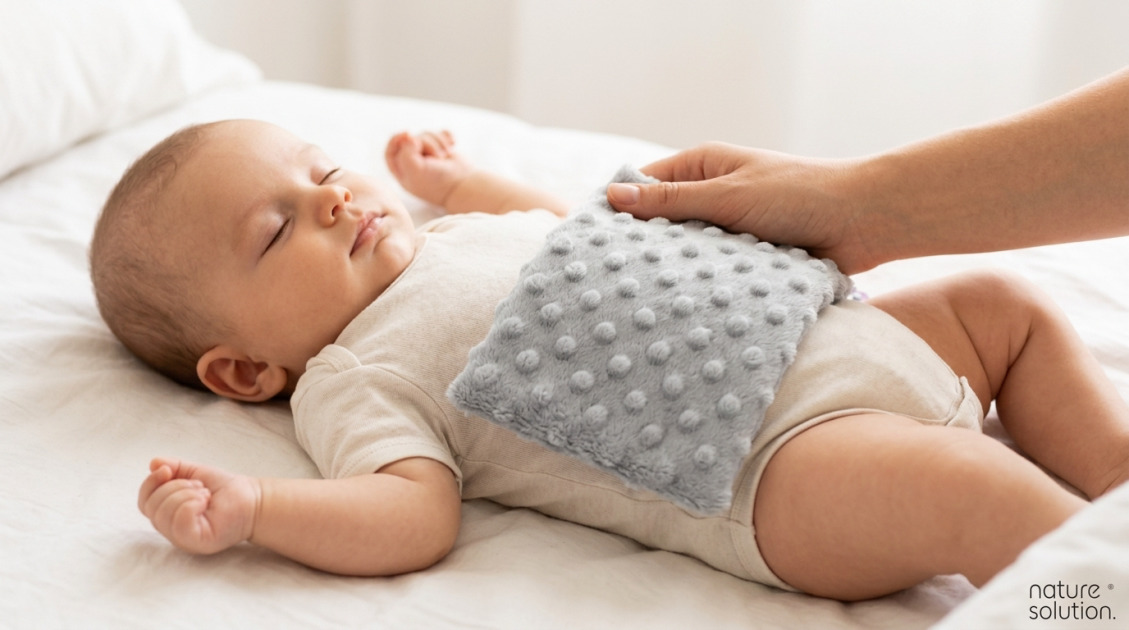 Termofor dla niemowlaka na kolkę – naturalny sposób na ból 1 Termofor z Pestek Wiśni Cherrypad® – Minky szary in use