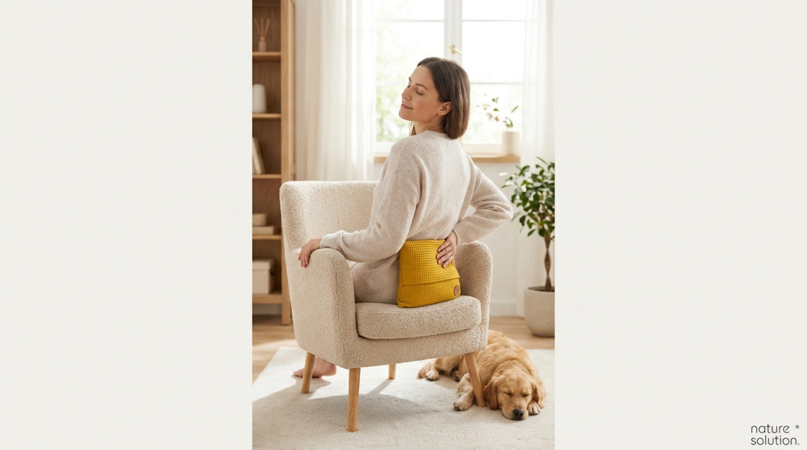 Duży termofor z pestek wiśni – Wafel musztardowy in use