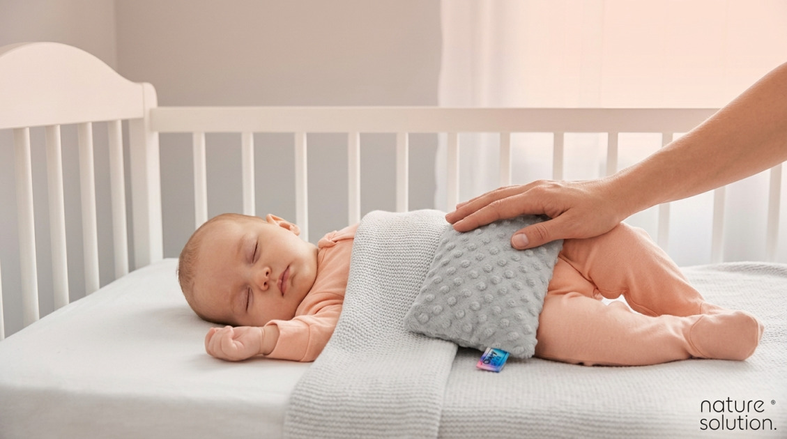 Dziecko budzi się w nocy? Przyczyny i naturalne metody na sen 1 Termofor z Pestek Wiśni Cherrypad® – Minky szary in use