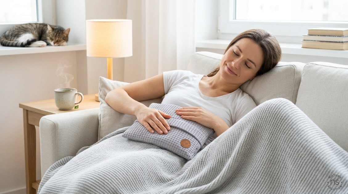 Alternatywy dla termoforu z pestek wiśni na bóle menstruacyjne 1 Duży termofor z pestek wiśni – Wafel szary in use