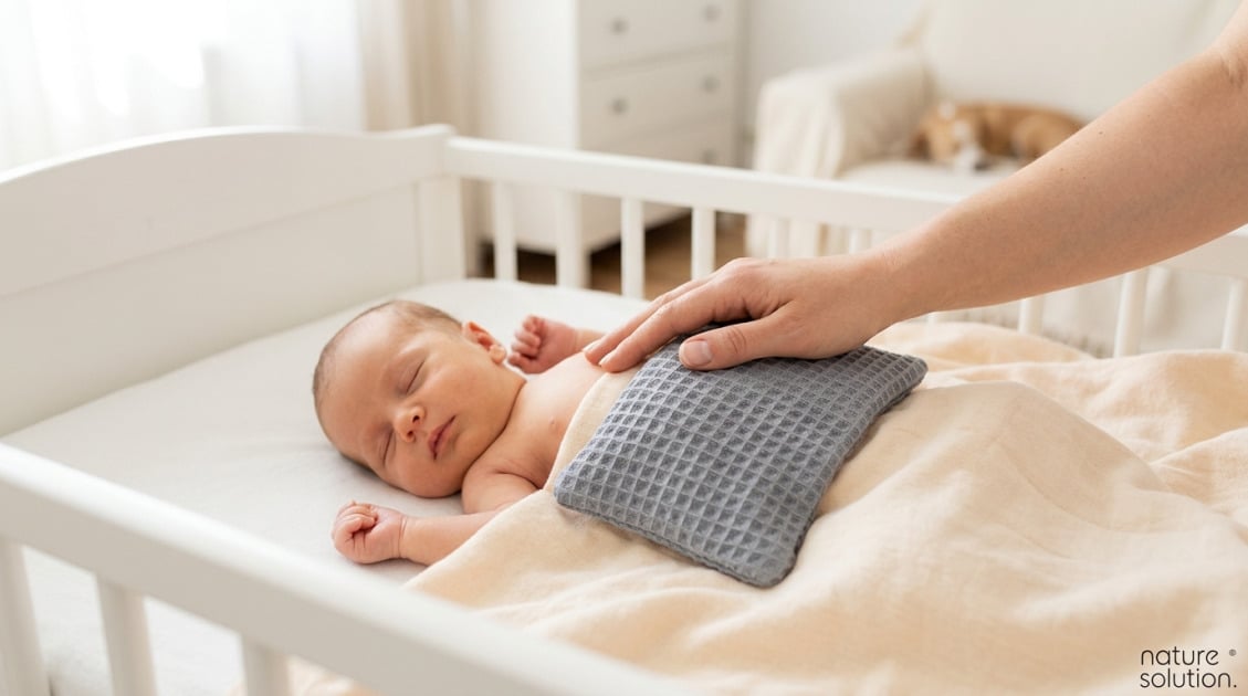 Kocyk dla noworodka – jaki wybrać? Kompletny przewodnik 2026 1 Termofor z Pestek Wiśni Cherrypad® – Wafel szary in use