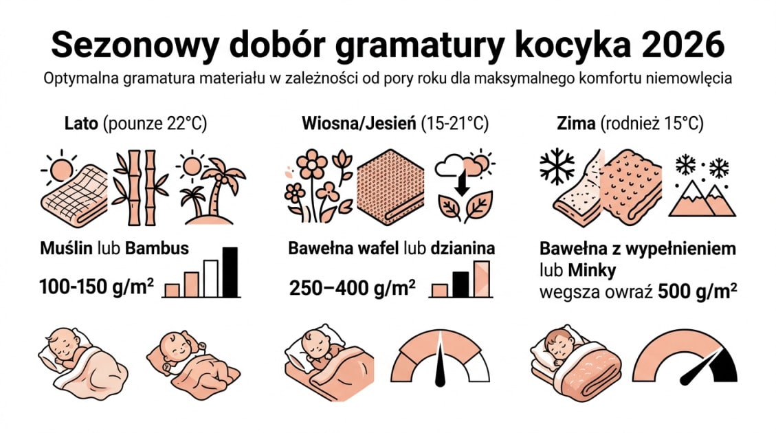 Kocyk dla noworodka – jaki wybrać? Kompletny przewodnik 2026 2 Sezonowy dobór gramatury kocyka 2026