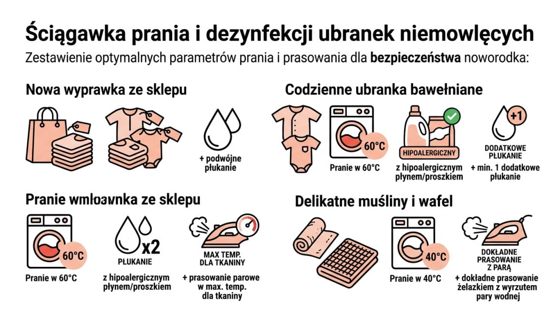 W czym prać ubranka dla noworodka? Kompletny poradnik 1 Ściągawka prania i dezynfekcji ubranek niemowlęcych