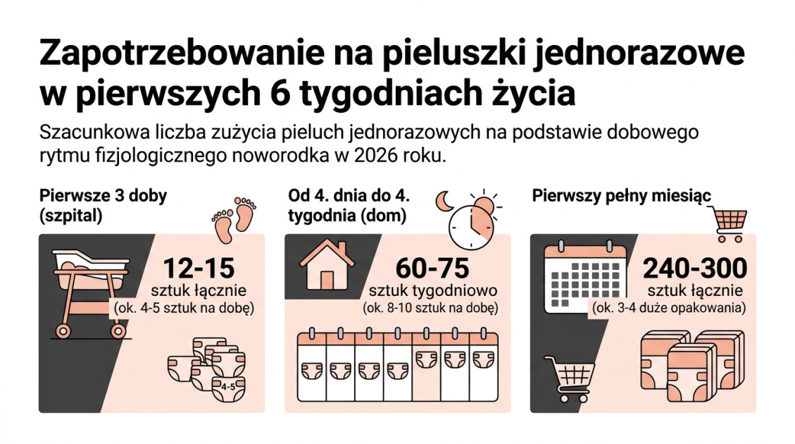 Ile pieluch dziennie zużywa noworodek? Sprawdź normy 1 Zapotrzebowanie na pieluszki jednorazowe w pierwszych 6 tygodniach życia