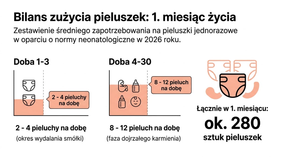 Ile pieluch zużywa noworodek? Sprawdź normy i kalkulator 1 Bilans zużycia pieluszek: 1. miesiąc życia